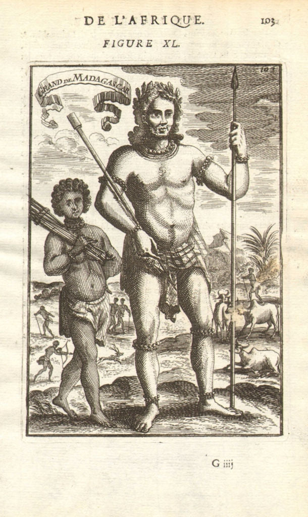 MADAGASCAR. King or 'Grand de Madagascar'. Spear. Cattle. MALLET 1683 print